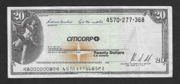 USA - Assegno CITICORP Non Riscosso Da 20 Dollari  - 1980 - Altri & Non Classificati