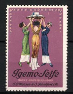 Reklamemarke Igemo-Seife, Marke: Grün-Blau U. Gold, T. G. Mouson & Co. Frankfurt A. M., Frauen Heben Ein Tablett  - Cinderellas