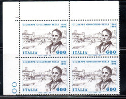 ITALIA REPUBBLICA ITALY REPUBLIC 1991 GIOACHINO BELLI POETA QUARTINA ANGOLO DI FOGLIO BLOCK MNH - 1991-00: Mint/hinged