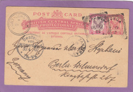 BRITISH CENTRAL AFRICA.ENTIER POSTAL AVEC AFFRANCHISSEMENT COMPLEMENTAIRE DE KARONGA POUR BERLIN,VIA PORT JOHNSTON ET ZA - Britisch-Ostafrika