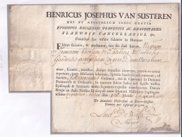 DDFF 807-- Document 1723 De L' Eveque De BRUGES,Henricus Van Susteren - Sceau En Relief De L'Eveché - Karel De Zadeleere - 1714-1794 (Paises Bajos Austriacos)