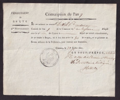 DDFF 809 -- COURTRAI Document 1807 - Conscription De L' An 9 , Antoine De Wal D' ANSEGHEM Doit Se Rendre à BRUGES - 1794-1814 (Französische Besatzung)