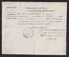 DDFF 809 -- COURTRAI Document 1807 - Conscription De L' An 9 , Antoine De Wal D' ANSEGHEM Doit Se Rendre à BRUGES - 1794-1814 (French Period)