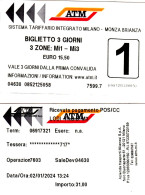 2 TICKET TICKETS TRANSPORT ATM MILANO MONZA ITALY - Tickets - Entradas