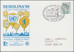 Privatpostkarte PP 153 BEROLINA 50 Jahre UNO, SSt BERLIN Tag Der UNO 24.3.95  - Private Covers - Mint