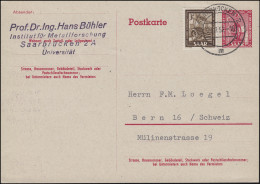 Saarland Postkarte P 34II Universität Mit Zusatzfrankatur, SAARBRÜCKEN 9.9.1952 - Briefe U. Dokumente