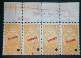 Ecuador 1 Centavo Revenue Stamp Specimen Overprint Block Of 4 - Ecuador