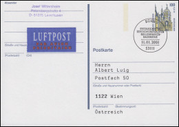 Postkarte P 162 Schloss Schwerin, Luftpost-FDC ESSt Bonn 11.1.2001 Nach Wien - Postkarten - Ungebraucht