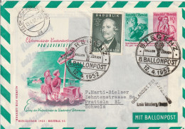 Autriche Entier Postal Illustré Poste Par Ballon Bregenz Pour La Suisse 1952 - Enveloppes