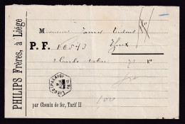 DDFF 820 -- BELGIUM - Lettre De Voiture Hexagonal Gare De LIEGE PALAIS 1890 à THEUX / Entete Philips Frères (TABAC) - Tobacco