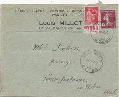 ENVELOPPE LOUIS MILLOT LE VALDAHON DOUBS TP PAIX YT 283 PUB BYRRH DESTINATAIRE PICHON A VERNIERFONTAINE - 1932-39 Frieden