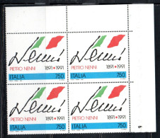 ITALIA REPUBBLICA ITALY REPUBLIC 1991 PIETRO NENNI QUARTINA ANGOLO DI FOGLIO BLOCK MNH - 1991-00: Neufs