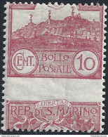 1903 SAN MARINO, N. 36b Veduta 10 Cent. Carminio MNH/** VARIETA' - Variétés Et Curiosités