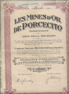 LES MINES D'OR DE PORCECITO  SS BRUXELLES - UN DIXIEME D'UNE ACTION DE FONDATEUR DE 100 FRS -1928 - Miniere