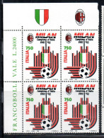 ITALIA REPUBBLICA ITALY REPUBLIC 1992 LO SCUDETTO AL MILAN CAMPIONE QUARTINA ANGOLO DI FOGLIO VALORE BLOCK MNH - 1991-00:  Nuevos