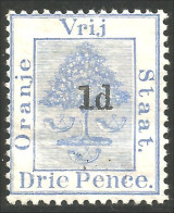 715 Orange River Colony 1891 1p Surcharge 3p Bleu Blue Arbre Tree Baum MH * Neuf(ORA-12) - État Libre D'Orange (1868-1909)