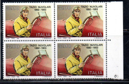 ITALIA REPUBBLICA ITALY REPUBLIC 1992 TAZIO NUVOLARI CENTENARIO NASCITA BIRTH CENTENARY QUARTINA BORDO DI FOGLIO MNH - 1991-00:  Nuovi