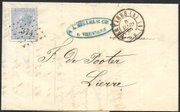 18 Outremer Violacé D15 Pl II Sur Lettre Obli. LP 374 CàD Verviers (A)(1) Du 9 Mars 1869 (Lot 401) - 1865-1866 Profil Gauche