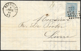 18 Bleu Pur D15 Pl II Sur Lettre Obli. LP 60 CàD Bruxelles 8 Février1869 (Lot 415) - 1865-1866 Perfil Izquierdo