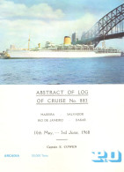 Abstract Of 1968 Log P&O Southampton Cruise SS Arcadia Ship Voyage - Mundo