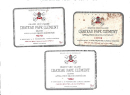 3 Etiquettes  Château Pape Clément 1962 , 1979 Et 1982  Grand Cru Classé  De Graves  Sté Montagne & Cie Pessac 33 - Bordeaux