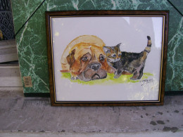 Art & Antiquités > Tableaux > Aquarelle Le Boxer Et Le Chaton Aquarelle Originale De Bernard Le Beguec - Wasserfarben