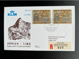 LIECHTENSTEIN 1980 REGISTERED FIRST FLIGHT COVER ZURICH TO LIMA 01-04-1980 EINSCHREIBEN RECOMMANDEE - Brieven En Documenten
