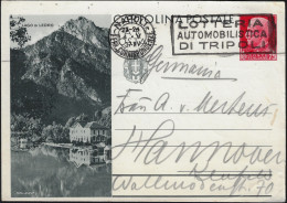 Italie 1932. Entier Postal Officiel Carte Pour L'étranger. Lac De Ledro Au Nord De Vérone. Loterie Automobile De Tripoli - Berge