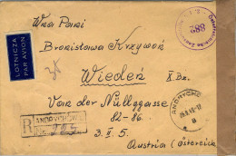 1949 ANDRYCHÓW / WIEN , SOBRE CERTIFICADO , MARCA DE CENSURA  ESTAMPADA EN AUSTRIA , CORREO AÉREO - Lettres & Documents