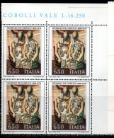 ITALIA REPUBBLICA ITALY REPUBLIC 1988 ARTE ITALIANA ITALIAN ART GIORGIO DE CHIRICO QUARTINA ANGOLO VALORE DEL FOGLIO MNH - 1981-90: Mint/hinged