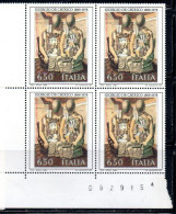 ITALIA REPUBBLICA ITALY REPUBLIC1988 ARTE ITALIANA ITALIAN ART GIORGIO DE CHIRICO QUARTINA ANGOLO DI FOGLIO NUMERATA MNH - 1981-90: Neufs