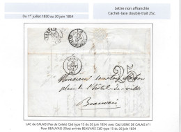 Lettre LSC 1854 CALAIS Tàd Type 15 Cachet Taxe Double Trait 25c Du 26 Juin LIGNE De CALAIS N°1 Pour BEAUVAIS Oise - Otros & Sin Clasificación