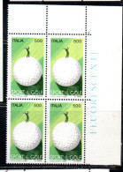 ITALIA REPUBBLICA ITALY REPUBLIC 1988 LO SPORT ITALIANO IL GOLF QUARTINA ANGOLO DI FOGLIO BLOCK MNH - 1981-90: Mint/hinged