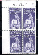 ITALIA REPUBBLICA ITALY REPUBLIC 1988 UNIVERSITA' DI BOLOGNA UNIVERSITY QUARTINA ANGOLO DI FOGLIO BLOCK MNH - 1981-90: Mint/hinged