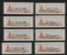 8 Atms, Lisa1, ECOPLI E 0.51€, Salon Du Timbre 2010, TOUR EIFFEL. 4 RECUS 4 LANGUES GB, ES, D, FR. - 2010-... Vignettes Illustrées