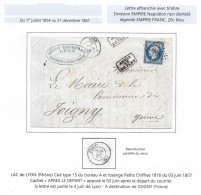 Lettre LAC 1857 Empire Napoleon ND 20c LYON Rhone Tàd Type 15 Bureau A PC 1818 APRES LE DEPART Lyon > JOIGNY Yonne - 1853-1860 Napoleon III