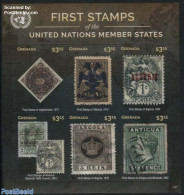 Grenada 2015 First Stamps, A 6v M/s, Mint NH, History - Kings & Queens (Royalty) - United Nations - Stamps On Stamps - Familles Royales