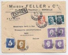 FRANCE DULAC 1FRX4+10C+30C+ GANDON 2FRX2+ 10F ORANGE LETTRE EXPRES MARSEILLE 22.9.1945 POUR SUISSE AU TARIF 2EME - 1945-54 Marianna Di Gandon