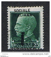 R.S.I.  VARIETA':  1944  SOPRASTAMPATO -  25 C. VERDE  US. - SOPRASTAMPA  IN  BASSO  -  SASS. 491 Pf - Usati