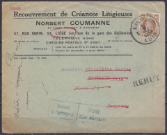 L. "Recouvrement De Créances N. Coumane" Affr. N°203 Càd LIEGE 3 /8 II 1927/ LUIK Pour DAMPREMY - [Retour à L'envoyeur / - 1922-1927 Houyoux