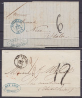 Lot De 2 Lettres De BRUXELLES 1853 & 1855 Pour NICE (Italie / Etats Sardes) - Ports "6" & "12" Au Tampon - 1851-1857 Medallions (6/8)