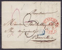 L. Càd ST-NICOLAS /18 AOUT 1837 Pour BRUXELLES - Port "4" (en Rouge - Rare!) & "3" - Griffe Bleue [SR] (service Rural) ( - 1830-1849 (Belgica Independiente)
