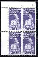 ITALIA REPUBBLICA ITALY REPUBLIC 1988 UNIVERSITA' DI BOLOGNA UNIVERSITY QUARTINA ANGOLO DI FOGLIO BLOCK MNH - 1981-90:  Nuovi