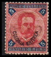 1893. ERITREA. POSTE ITALIANA COLONIA ERITREA Overprint On 5 LIRE Umberto I Hinged. Rare Stamp.... (Michel 9) - JF544060 - Erythrée