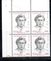 ITALIA REPUBBLICA ITALY REPUBLIC 1987 ANTONIO GRAMSCI DISEGNATO DA GIACOMO MANZU' QUARTINA ANGOLO DI FOGLIO BLOCK MNH - 1981-90:  Nuovi