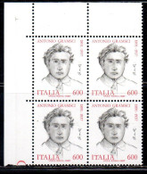 ITALIA REPUBBLICA ITALY REPUBLIC 1987 ANTONIO GRAMSCI DISEGNATO DA GIACOMO MANZU' QUARTINA ANGOLO DI FOGLIO BLOCK MNH - 1981-90: Mint/hinged