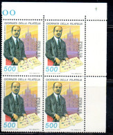 ITALIA REPUBBLICA ITALY 1987 GIORNATA DELLA FILATELIA STAMP DAY MARCO DE MARCHI QUARTINA ANGOLO DI FOGLIO BLOCK MNH - 1981-90: Nieuw/plakker