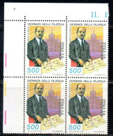 ITALIA REPUBBLICA ITALY 1987 GIORNATA DELLA FILATELIA STAMP DAY MARCO DE MARCHI QUARTINA ANGOLO DI FOGLIO BLOCK MNH - 1981-90: Mint/hinged