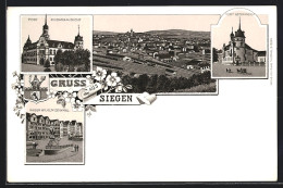 Lithographie Siegen, Post, Kaiser Wilhelm-Denkmal, Ortspanorama  - Siegen