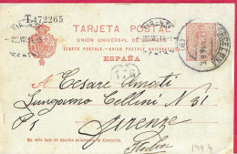 SPAGNA -INTERO CARTOLINA POSTALE ALFONSO 10 C. (MICHEL P49) DA "BARCELONA*12.AGO.14*/(9)" PER FIRENZE-TIMBRO PORTALETTER - 1850-1931